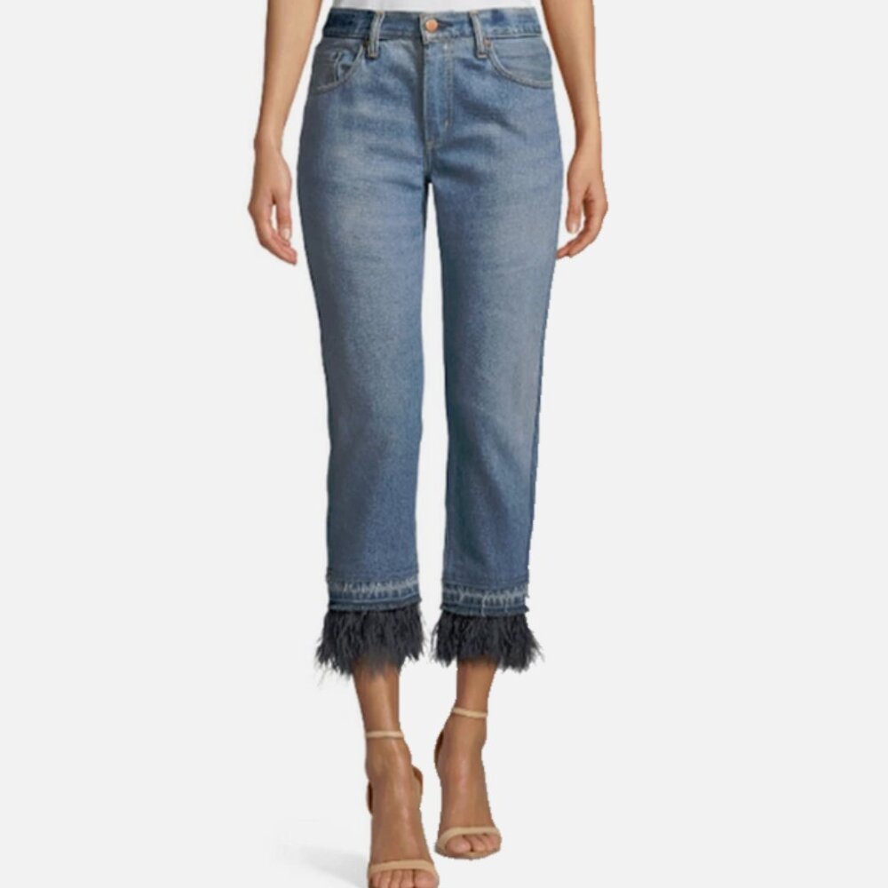 Le Superbe Cropped Straight Mid Rise Light Blue Ostrich Feathers Heim Jeans 26
